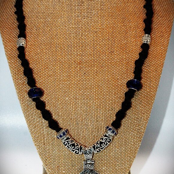 Bohemian Teardrop Moonstone Filigree Pendant on a 22" Handmade Black Hemp Chain - Picture 2 of 6